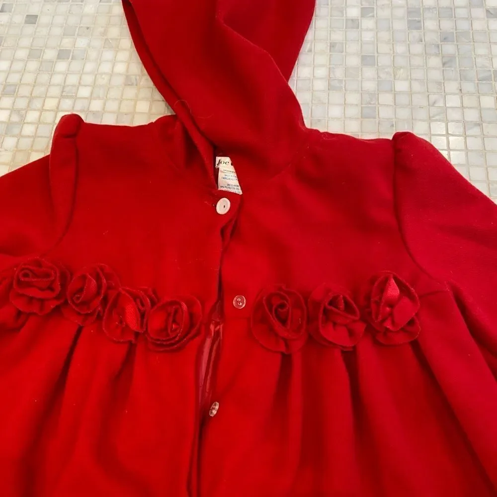 Joe Elle Formal Dressy Red Coat with Hood and Rose Pleating Details